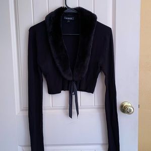 Black fuzzy collared cardigan